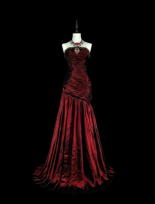 Simple Sheath Strapless Satin Evening Dress Long Burgundy Prom Dress ED07456