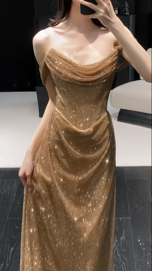 Glitter Sheath Off-shoulder Tulle Rhinstones Evening Dress Long Gold Prom Dress ED07457