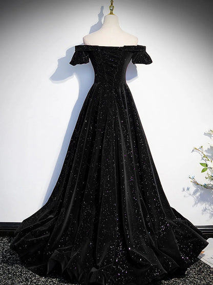 A-Line Off Shoulder Velvet Black Long Prom Dress, Black Formal Dress ED0746