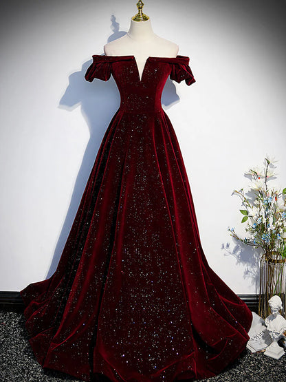 A-Line Off Shoulder Velvet Black Long Prom Dress, Black Formal Dress ED0746