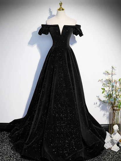 A-Line Off Shoulder Velvet Black Long Prom Dress, Black Formal Dress ED0746