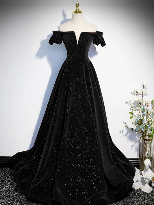 A-Line Off Shoulder Velvet Black Long Prom Dress, Black Formal Dress ED0746