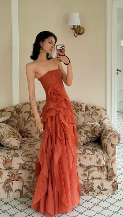 Robe de soirée en mousseline de soie bustier coupe trapèze pour invitée de mariage corail mode ED07461