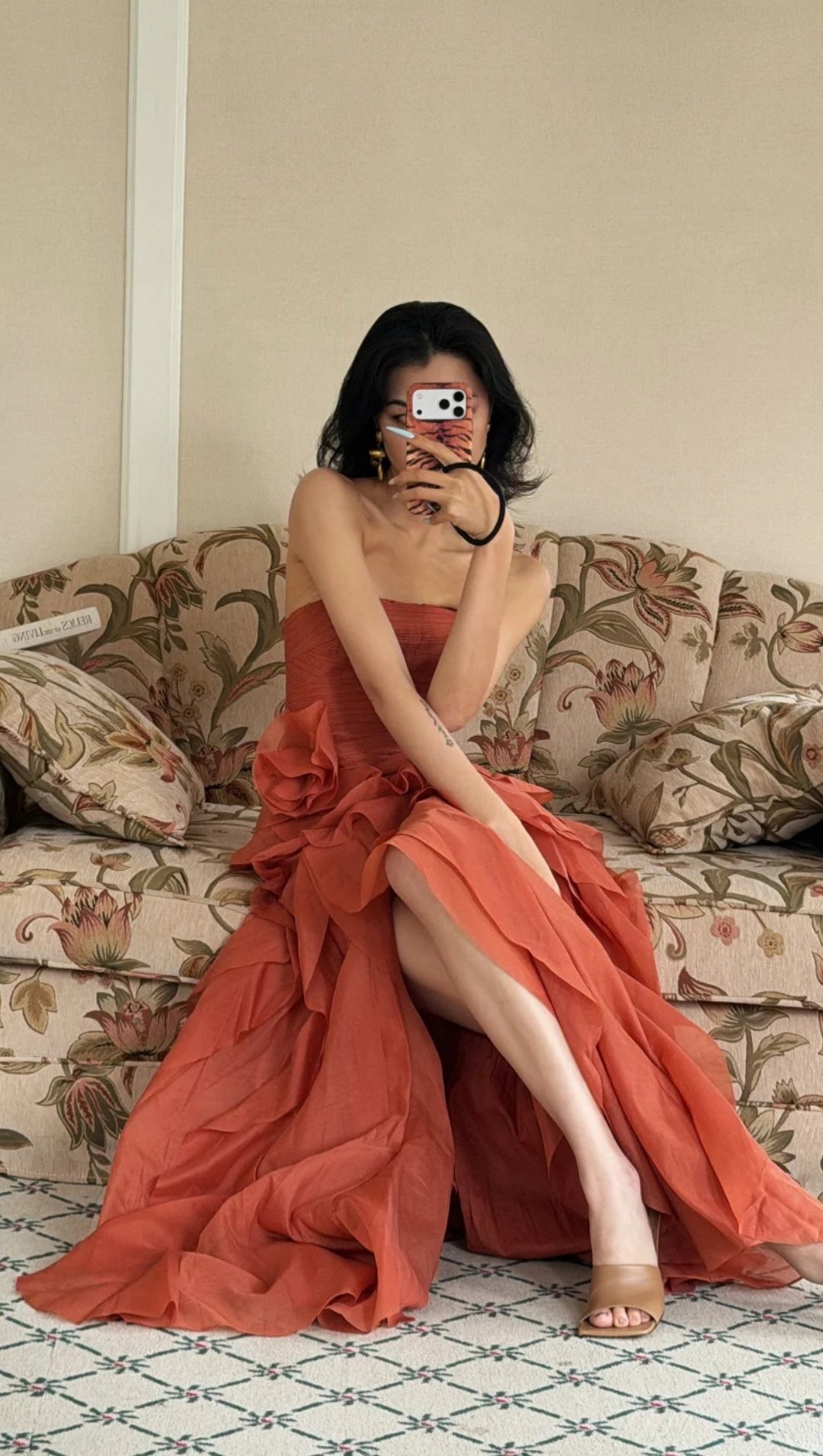 Robe de soirée en mousseline de soie bustier coupe trapèze pour invitée de mariage corail mode ED07461