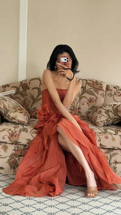 Robe de soirée en mousseline de soie bustier coupe trapèze pour invitée de mariage corail mode ED07461