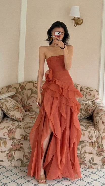 Robe de soirée en mousseline de soie bustier coupe trapèze pour invitée de mariage corail mode ED07461