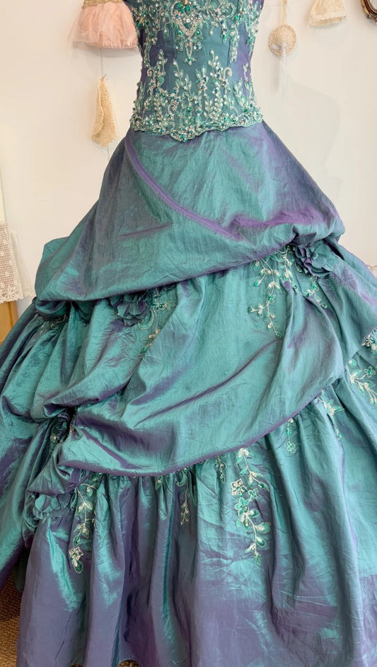 Vintage A-Linie Trägerloses Langes Abendkleid Satin Türkis Ballkleid ED07462