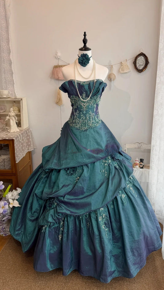 Vintage A-Linie Trägerloses Langes Abendkleid Satin Türkis Ballkleid ED07462