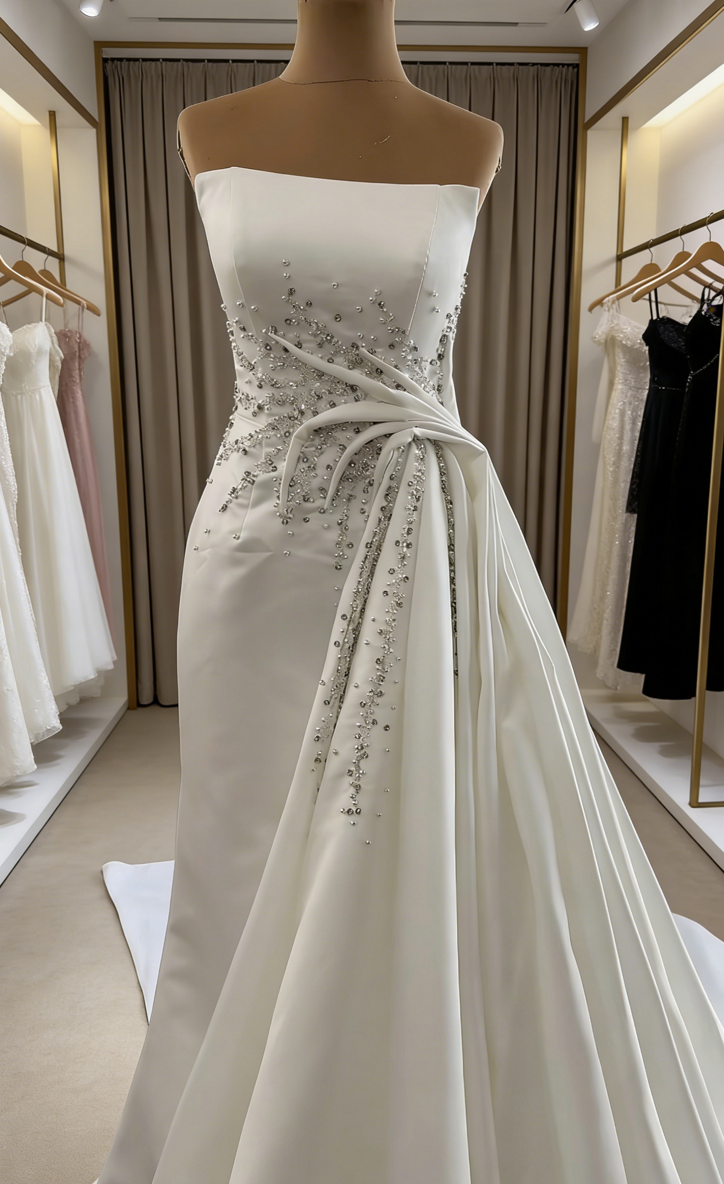 Robe de mariée simple en satin fourreau sans bretelles, robe de mariée blanche sans manches ED07466