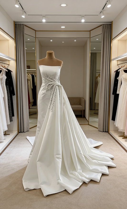 Simple Sheath Satin Strapless Bridal Dress White Wedding Dress Sleeveless Bridal Gown ED07466