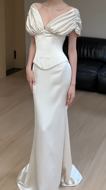 Simple Sheath Satin Long Wedding Dress Off-shoulder Sleeveless Bridal Dress ED07470