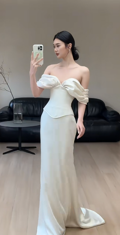 Simple Sheath Satin Long Wedding Dress Off-shoulder Sleeveless Bridal Dress ED07470