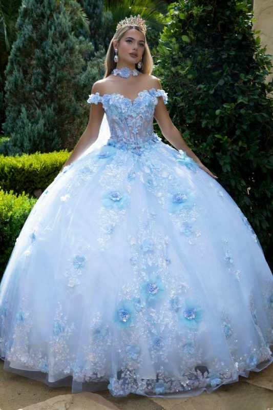 Wunderschönes blaues Quinceanera-Kleid A-Linien Tüll-Ballkleid schulterfrei ärmelloses Sweet 16 Kleid ED07472