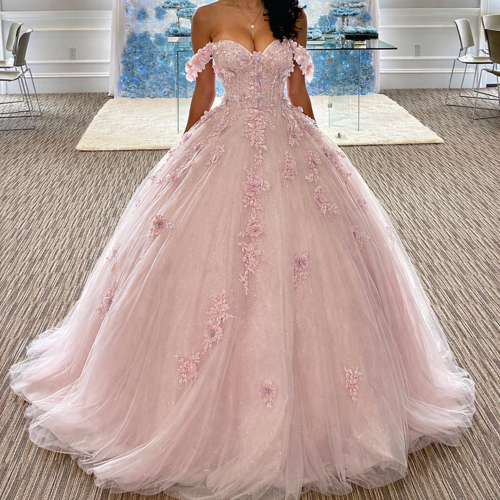 Magnifique robe de Quinceanera rose, épaules dénudées, robe de bal, appliques, tulle, robe de bal de promo, robe Sweetheart 16 ED07476