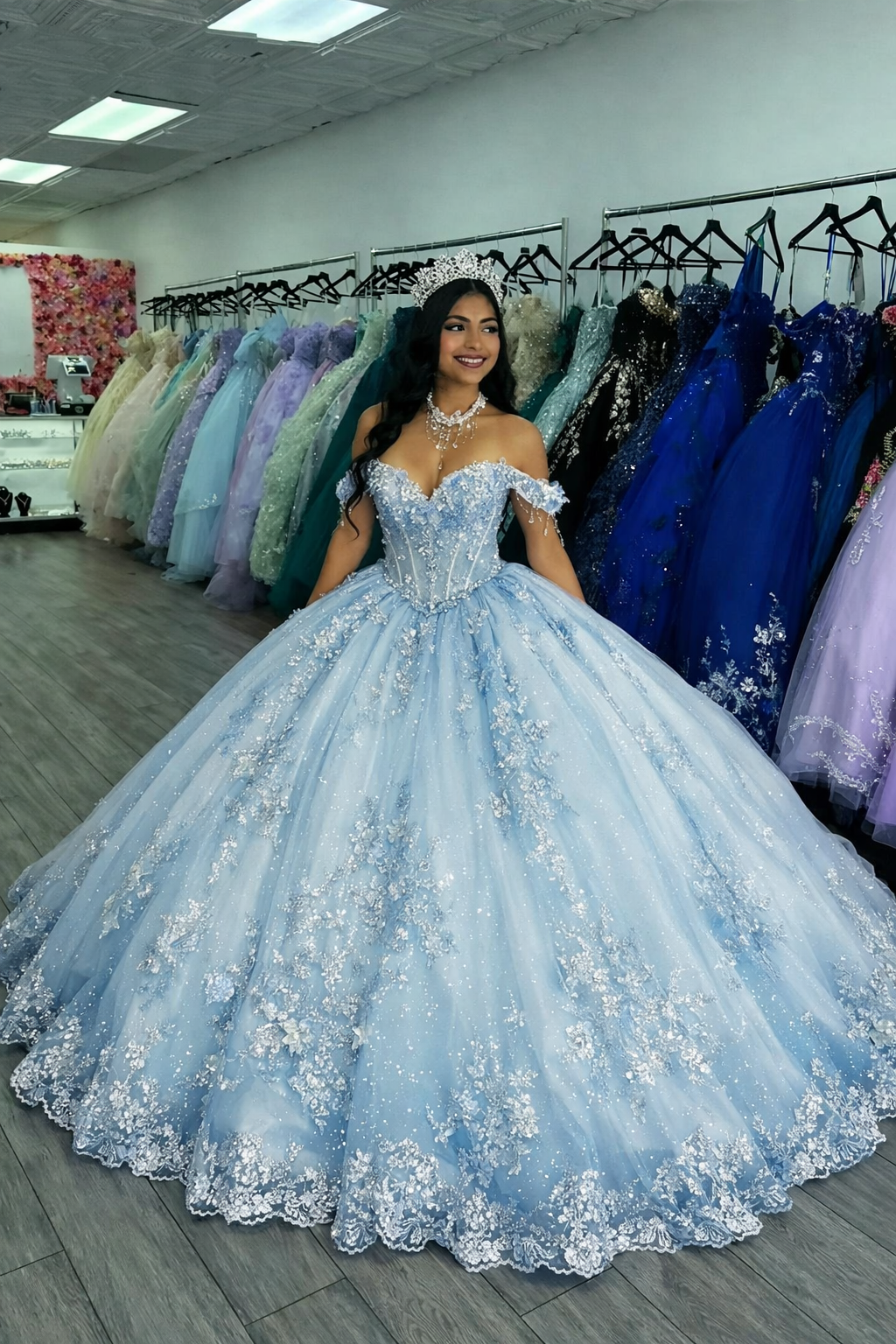 Superbe Robe de Quinceanera Bleue Robe de Bal Épaules Dénudées avec Appliques en Tulle Robe de Bal de Promo Robe Douce 16 ED07477
