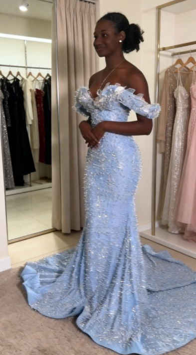 Elegant Mermaid Beaded Long Evening Dress Satin Off-shoulder Blue Prom Dress ED07483