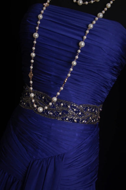 Robe de soirée longue élégante fourreau bustier mousseline de soie bleu robe de bal ED07485