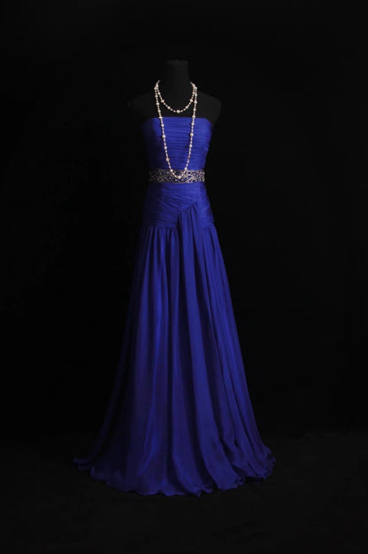 Robe de soirée longue élégante fourreau bustier mousseline de soie bleu robe de bal ED07485