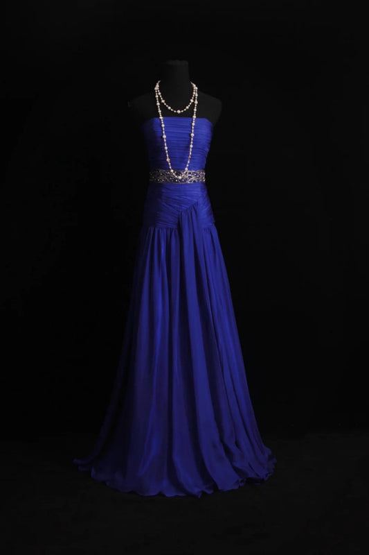 Elegant Sheath Strapless Long Evening Dress Chiffon Blue Prom Dress ED07485