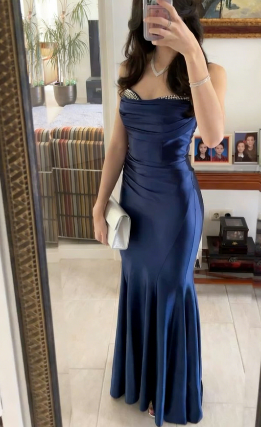 Elegant Mermaid Spaghetti Straps Long Evening Dress Satin Navy Blue Prom Dress ED07486