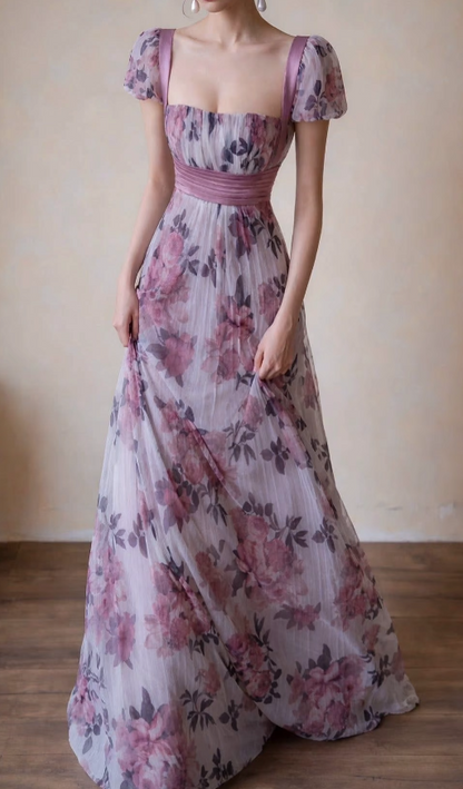 Robe de soirée longue trapèze chic manches fleuries mousseline violette pour bal de promo ED07496