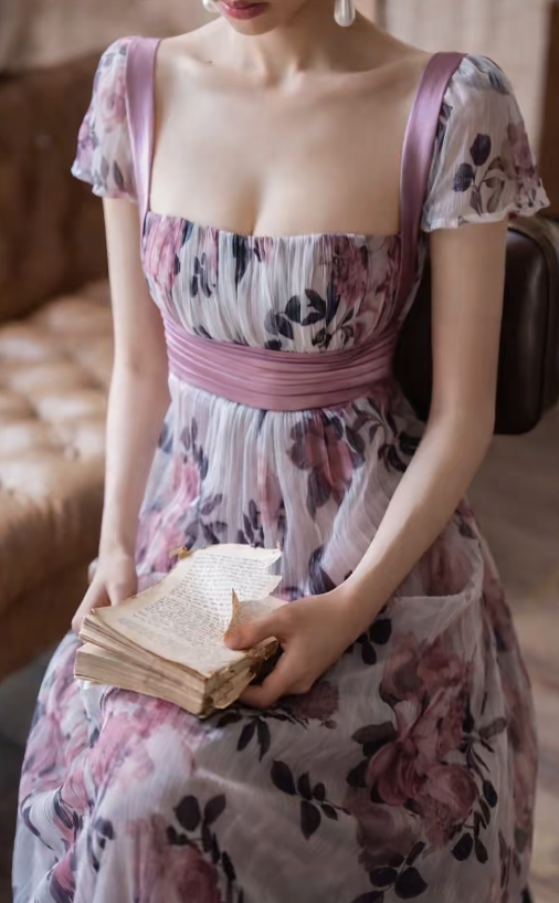 Chic Imperial Square Long Evening Dress Sleeves Floral Chiffon Purple Prom Dress ED07496