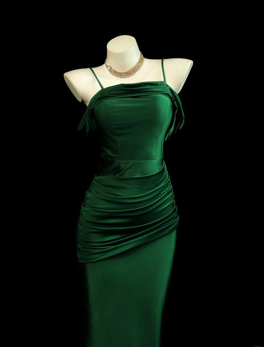 Chic Sheath Spaghetti Straps Long Evening Dress Satin Green Prom Dress ED07499