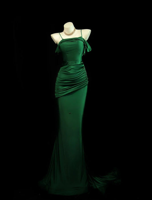 Chic Sheath Spaghetti Straps Long Evening Dress Satin Green Prom Dress ED07499