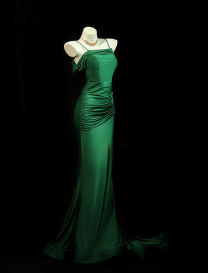 Robe de soirée longue fourreau chic à fines bretelles en satin vert Robe de bal ED07499