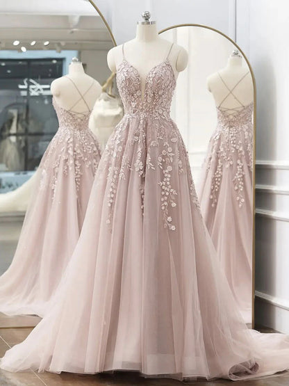 A-Line V Neck Lace Tulle Long Prom Dress, Pink Tulle Formal Dresses ED0750