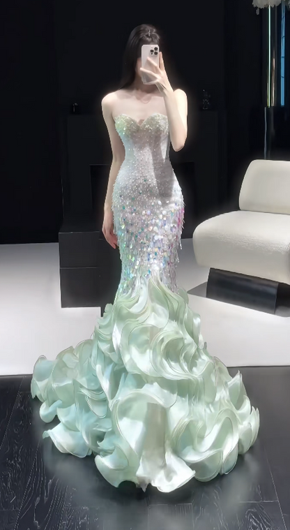 Magnifique Robe de Soirée Longue Sirène Coeur Paillettes Verte pour Bal de Promo ED07500