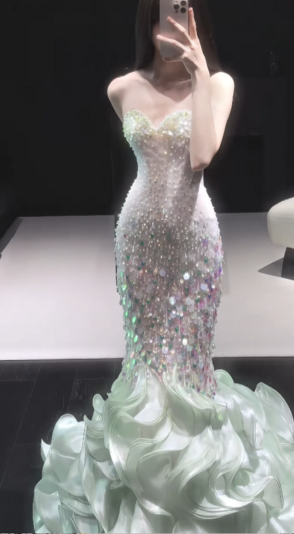 Magnifique Robe de Soirée Longue Sirène Coeur Paillettes Verte pour Bal de Promo ED07500