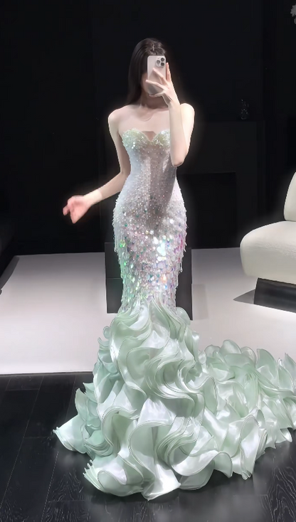 Magnifique Robe de Soirée Longue Sirène Coeur Paillettes Verte pour Bal de Promo ED07500