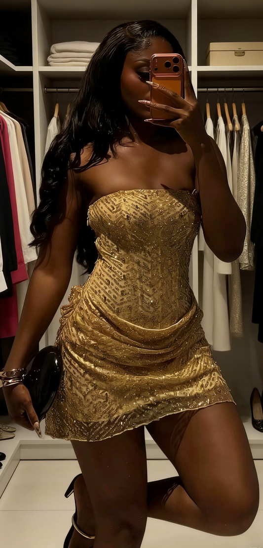 Gold Short Beaded Prom Dress Strapless Bodycon Cocktail Dress Sleeveless  Short Semi-Formal Dress ED07502