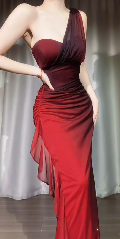 Elegant Sheath One-shoulder Long Evening Dress Glitter Chiffon Burgundy Prom Dress ED07502
