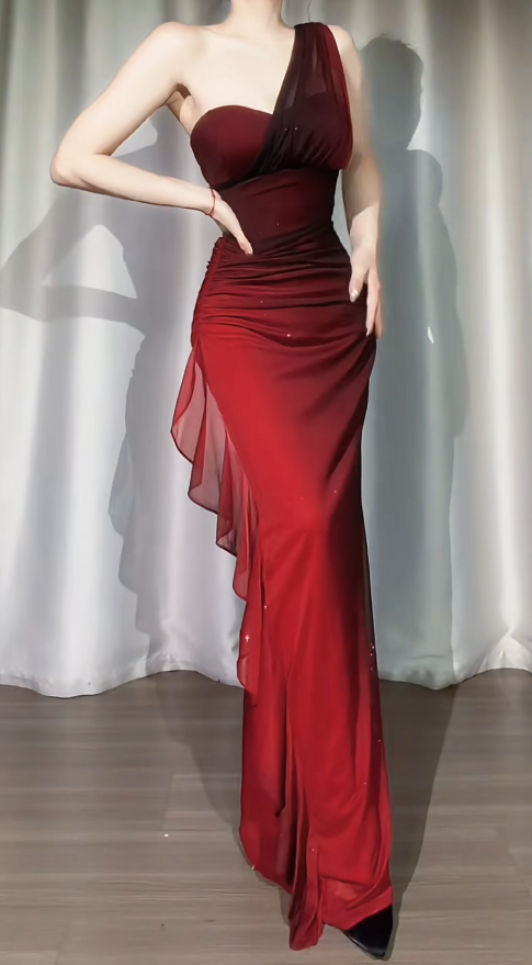 Elegant Sheath One-shoulder Long Evening Dress Glitter Chiffon Burgundy Prom Dress ED07502