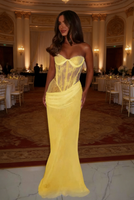 Yellow Prom Dress Chic Sweetheart Sheath Lace Long Evening Dress ED07506
