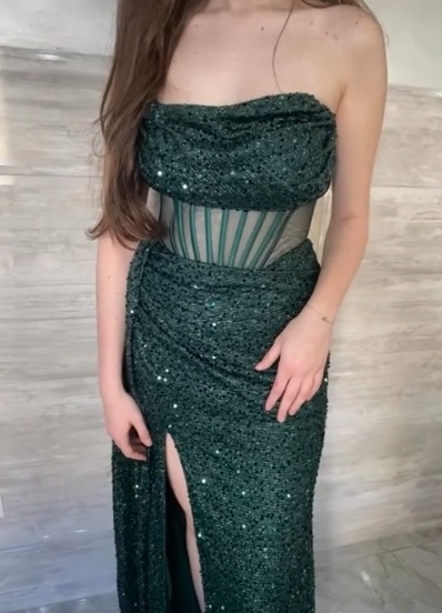 Dark Green Prom Dress Chic Strapless Formal Dress Sheath Sequins Long Evening Dress ED07507