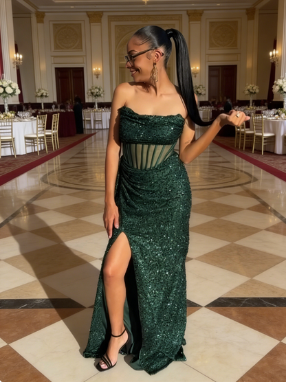 Dark Green Prom Dress Chic Strapless Formal Dress Sheath Sequins Long Evening Dress ED07507