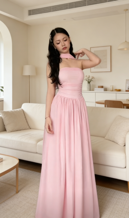 Robe de Demoiselle d'Honneur Chic Rose Bustier Fourreau Mousseline de Soie Longue Robe de Soirée ED07516