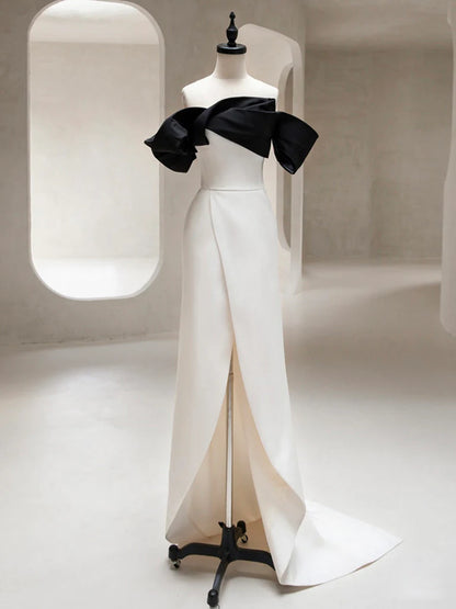Robe de bal longue simple en satin noir/beige à épaules dénudées, robe de soirée longue noire/beige ED0752