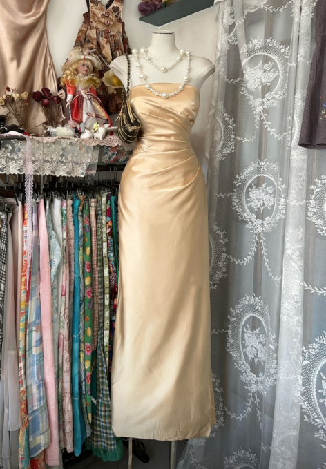 Champagne Formal Dress Strapless Wedding Guest Dress Sheath Satin Long Evening Dress ED07521