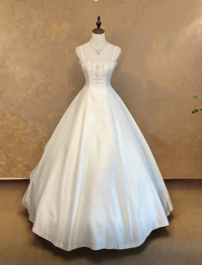 Elegantes A-Linien-Abendkleid mit Spaghettiträgern, lang, Satin, Weiß, Abschlussballkleid ED7522