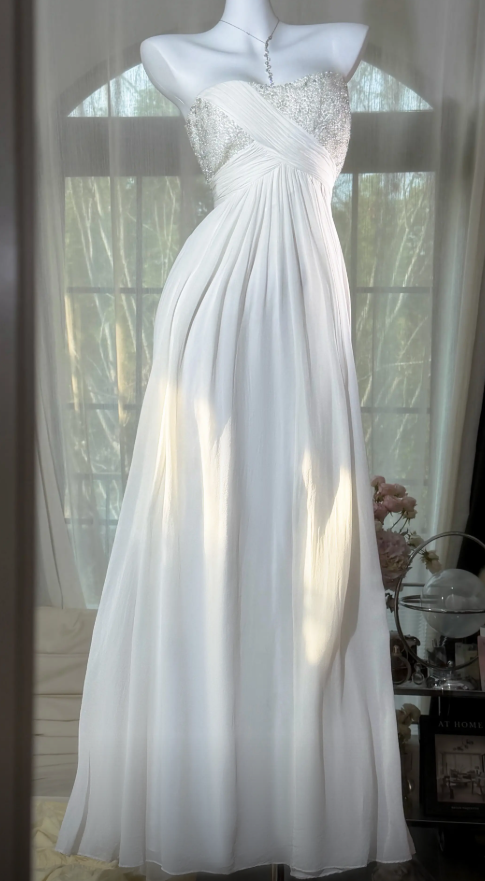 Chic Sheath Strapless Long Evening Dress Chiffon White Prom Dress ED07522