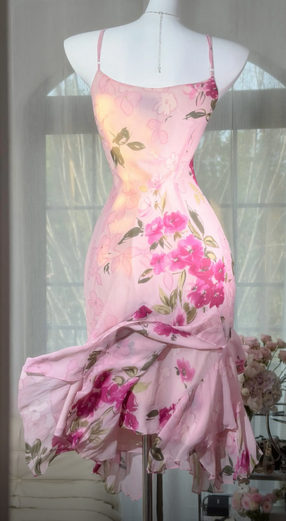 Robe Courte Rose de Bal Bretelles Fines Moulante Fleurie Cocktail Sans Manches Robe Courte Semi-Formelle ED07523
