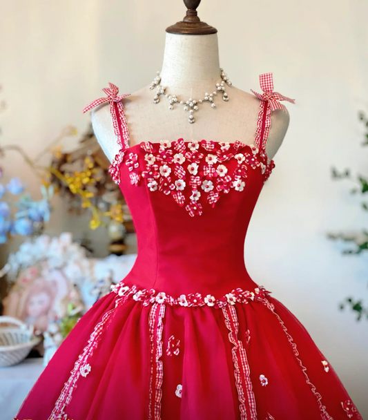 Chic A-Line Spaghetti Straps Long Evening Dress Tulle Red Prom Dress ED07523