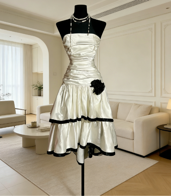 Robe Courte de Bal Ivoire Bustier Coupe A-ligne en Satin Robe de Cocktail Courte sans Manches Robe Semi-Formelle ED07525