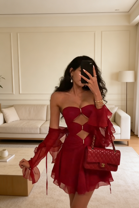 Sexy A-Line Strapless Chiffon Short Prom Dress Burgundy Birthday Dress Sleeveless Party Dress ED07526