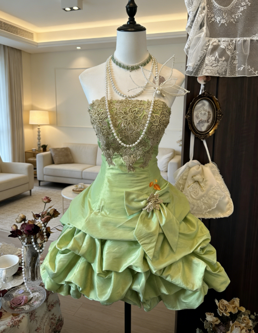 Cute Green Birthday Dress A-Line Satin Strapless Party Dress Sleevless Short Prom Dress ED07528
