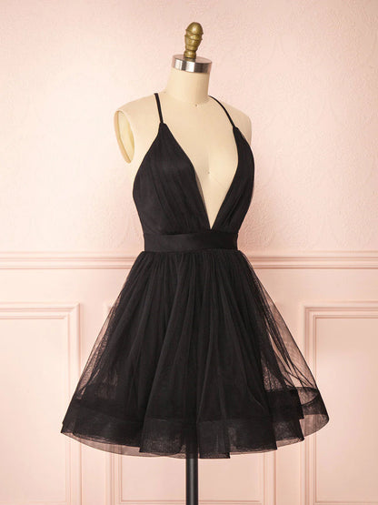 Einfaches schwarzes kurzes Ballkleid mit V-Ausschnitt, schwarzes Homecoming-Kleid ED0753